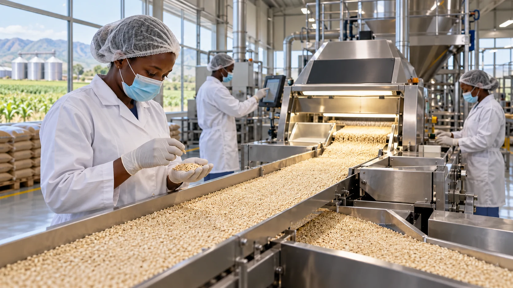 Food processing technicians inspecting sesame on a modern sorting line