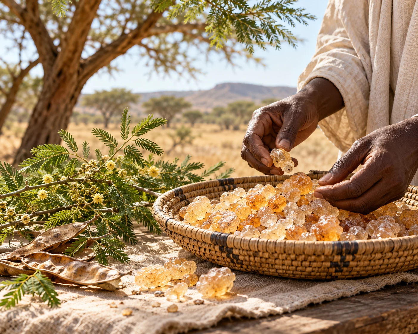 Premium gum arabic nodules being sorted by hand near an acacia tree