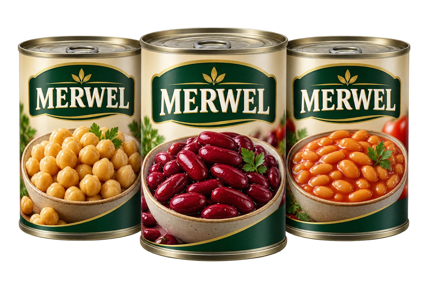 Photorealistic Merwel canned chickpeas, kidney beans, and baked beans