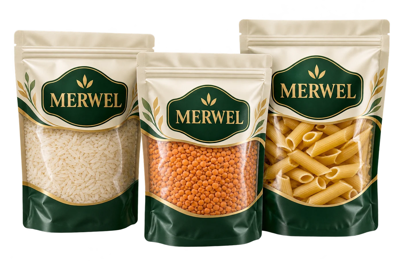 Photorealistic Merwel pantry pouches containing rice, lentils, and pasta