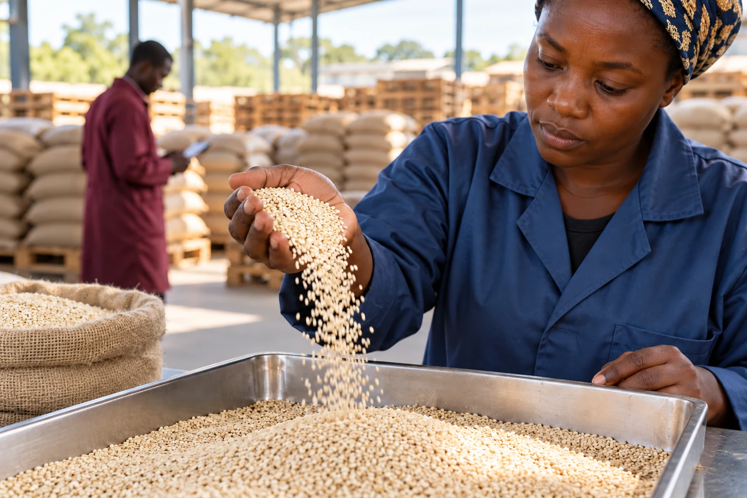 Sesame seeds flowing through a quality technician's hand